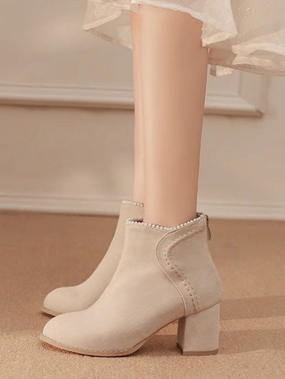 - High Version Beaded Heel Thicken Elegant Closures with Regular Cuff Beige Block Zip Boots Back /