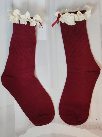 Black Sweet Bowknot Ruffled Cuff Calf Socks