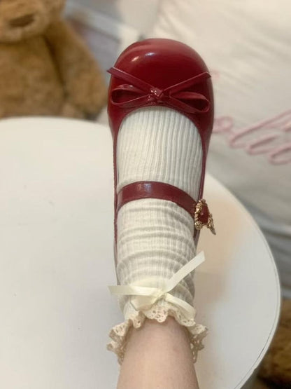 Round Heart-shaped Closure Low-heel Lolita Red Wine Mary with Sweet Janes Snap Toe