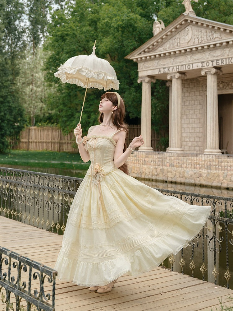 Yellow Sweet Button Top with Lace Skirt Set - Penny House