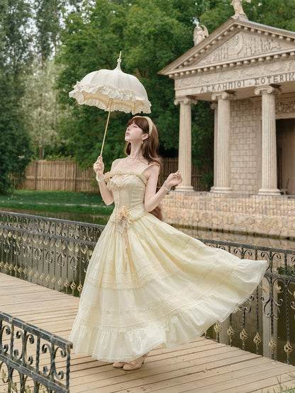 Yellow Sweet Button Top with Lace Skirt Set - Penny House