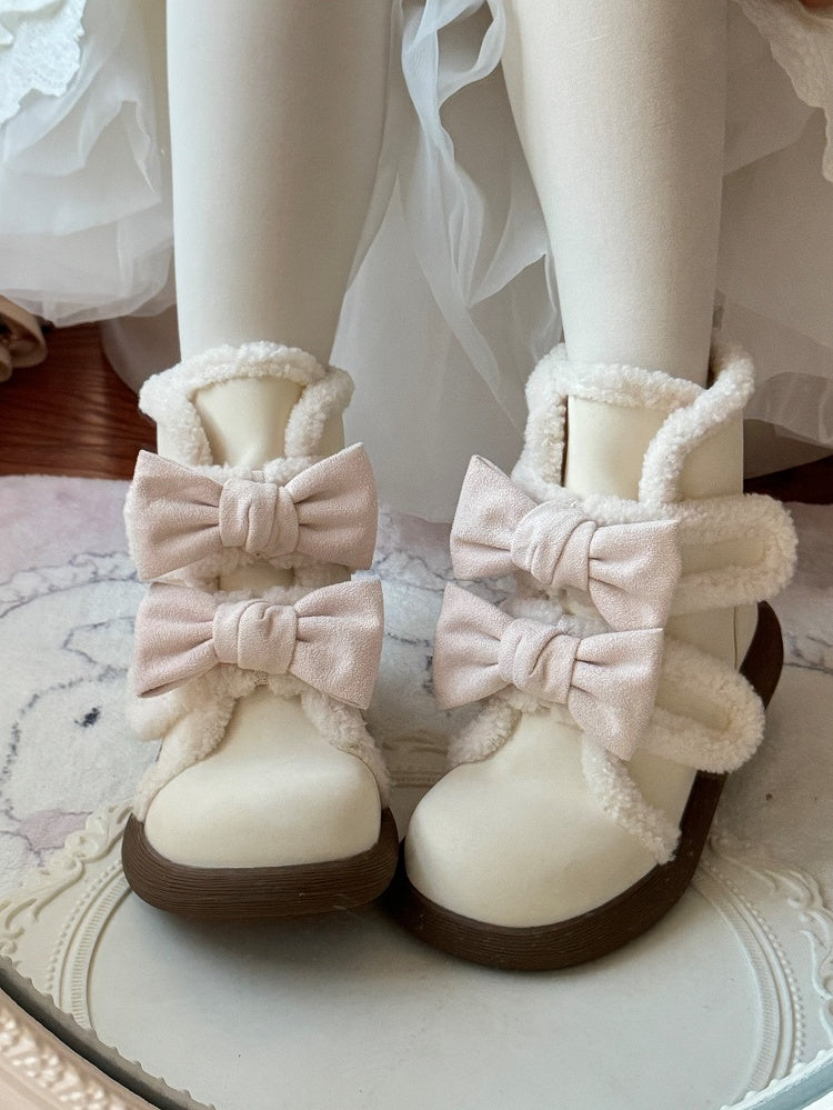 and Lining Ankle Sweet Fleece Removable White - Winter Lolita Bow Pink Details Boots
