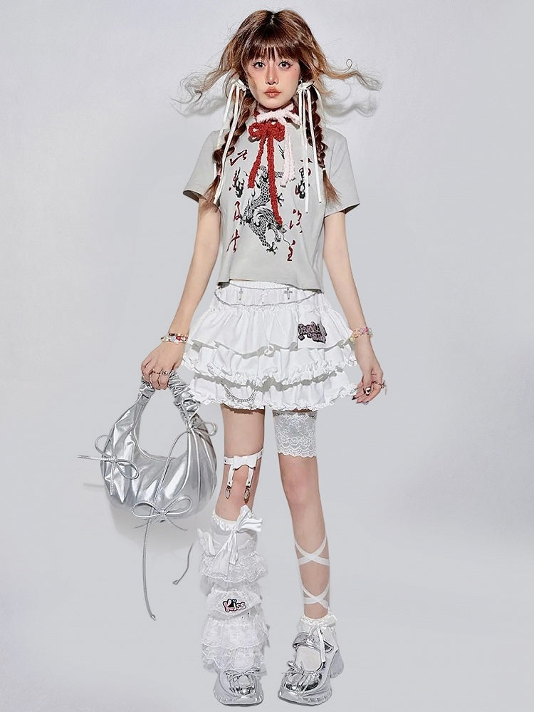 Accents Chain Detachable Trim Ruffle White Skirt Y2K - Tiered