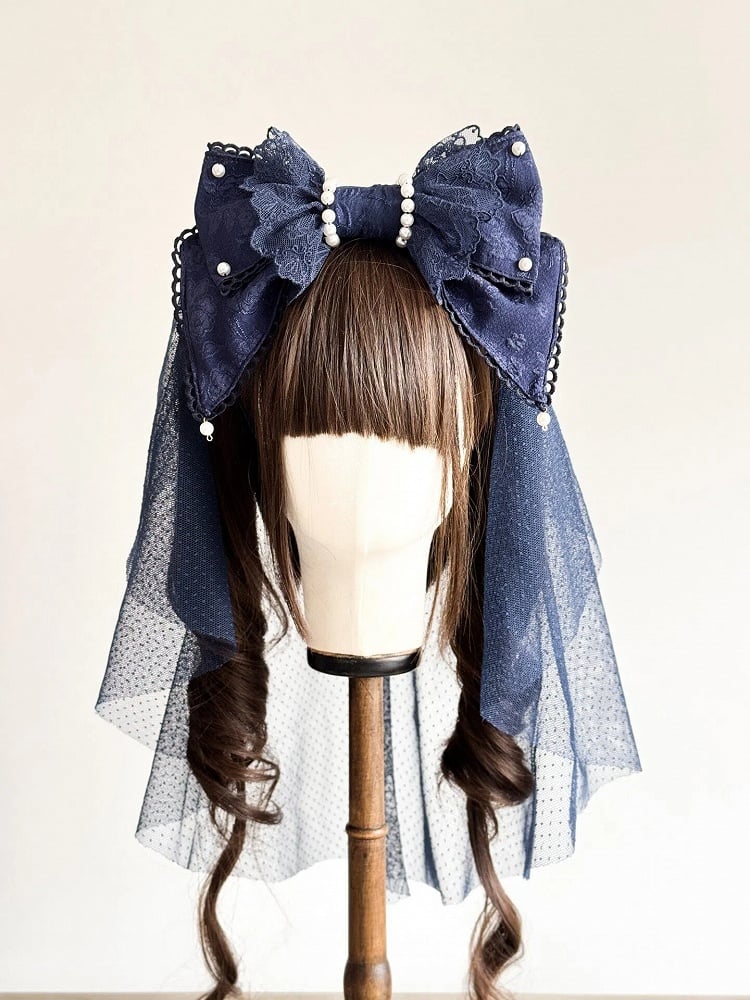 Veil KC with Pearl (Lace Navy Blue Lolita Head Accents)
