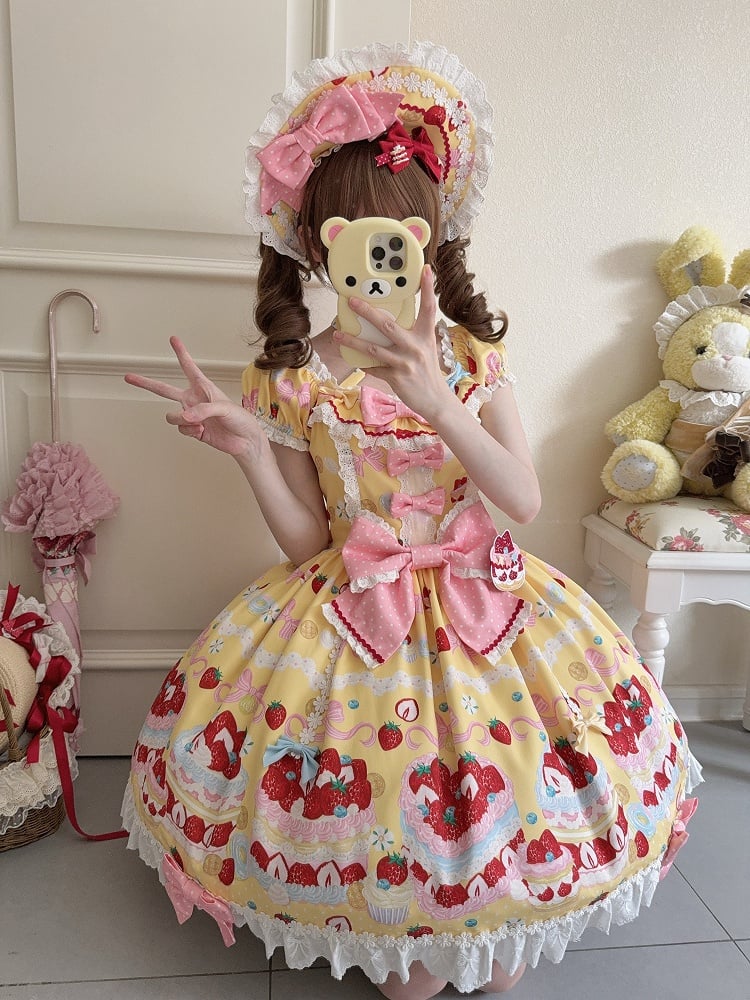 Kuchen süße süße Erdbeere ein Ärmel gelbes Kleid Lolita Stück Kurzdruck