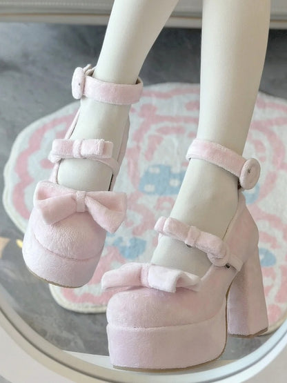 Shoes Velvet Clasp with Elegant Detachable Circle Lolita Bow Pink