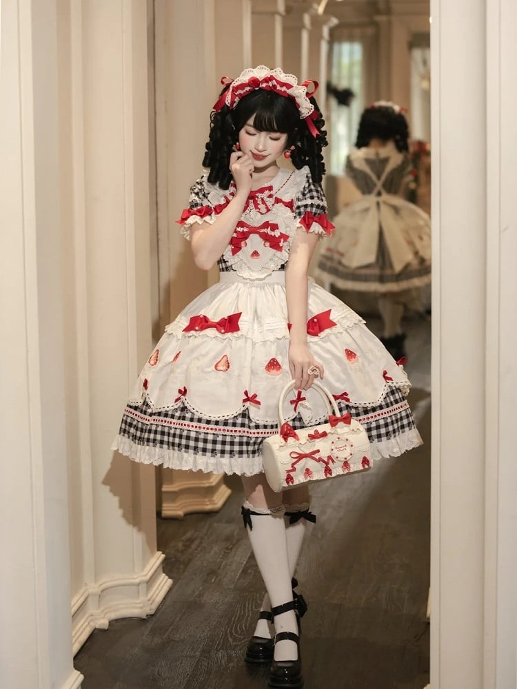Sleeves Gingham Lolita Dress Strawberry Sweet Print with Puff Black White