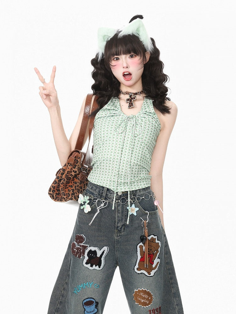 Green Gingham & Polka Dot Halter Top for Spicy Girl Style - Languid Park