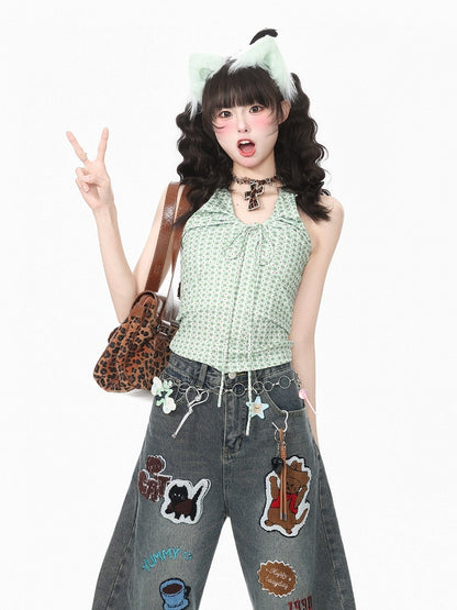 Green Gingham & Polka Dot Halter Top for Spicy Girl Style - Languid Park