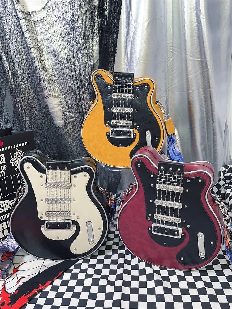 Yellow and Red and Black and White Guitar-shaped Crossbody Bag