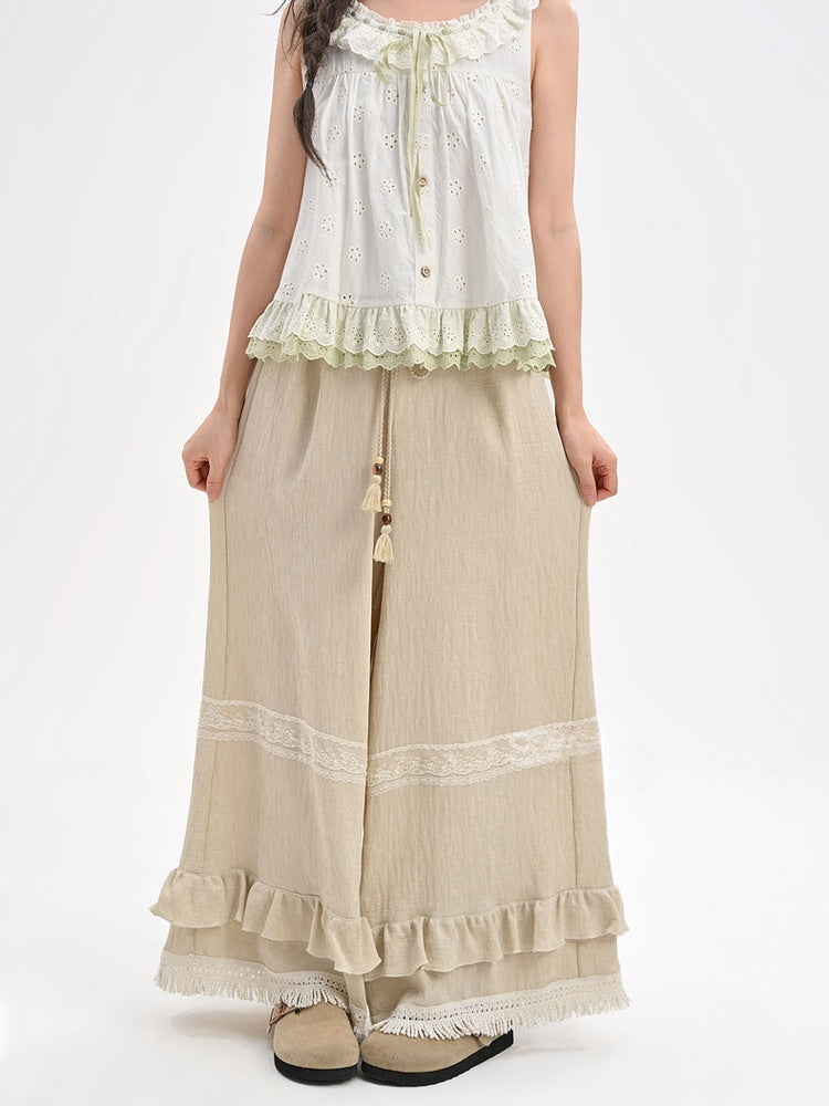 Ruffled Khaki Flax Tassel Cuffs Trim Drawstring Regular/Short Waist Wide-Leg Pants Version
