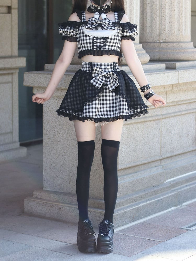 Off-the-shoulder Choker Bowknot+ Design Bunny Waist Plaid Idol High Neckline Skirt+ Set- Ears + Top Jirai Kei Black