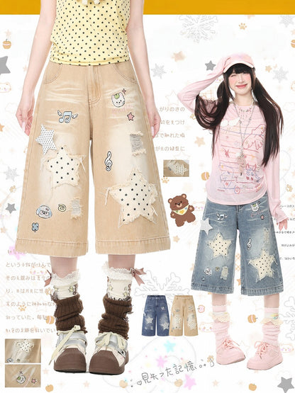 Apricot Distressed Wide-Leg Cropped Denim Pants with Puppy Embroidery & Star Patterns - Languid Park