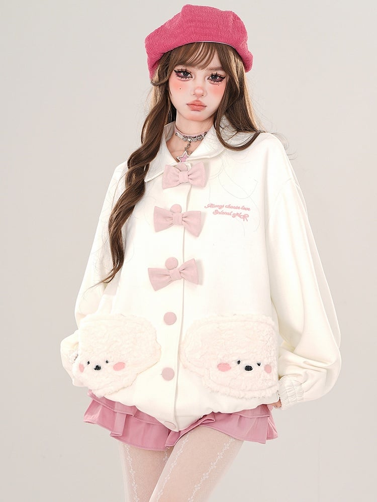 Pink/White Plush Puppy Pockets Polo Collar Jacket