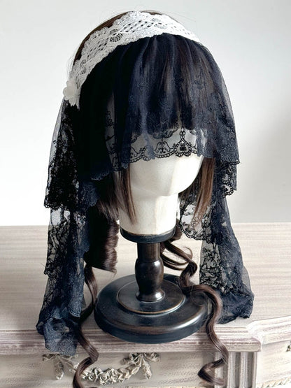 Lace Gothic Hairband with Embellishment and Veil Flower Black