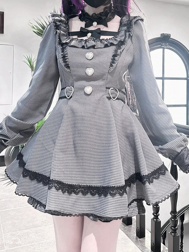 Mini Puff Detachable Collar Gray with Houndstooth Set Kei - Matching Jirai Dress Shorts Dark