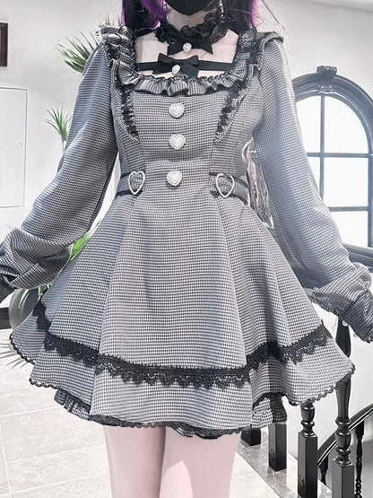 Mini Puff Detachable Collar Gray with Houndstooth Set Kei - Matching Jirai Dress Shorts Dark