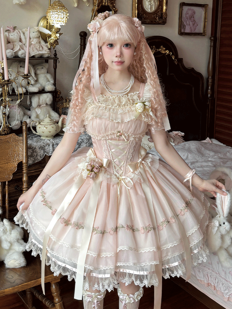 Boned Waist Balletcore Pink Ribbon Decoration Flutter Sweet Bowknots Sleeves JSK Lolita Dress
