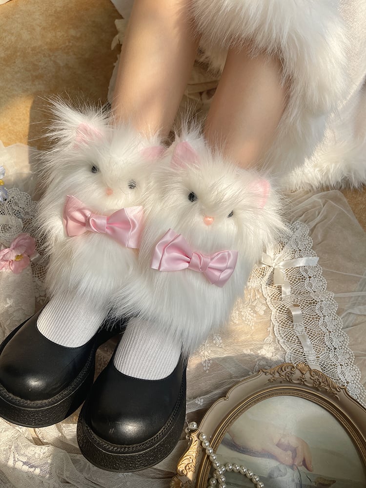 Cute Warmers Bow with Leg Plush Pink Decorations White Kitty