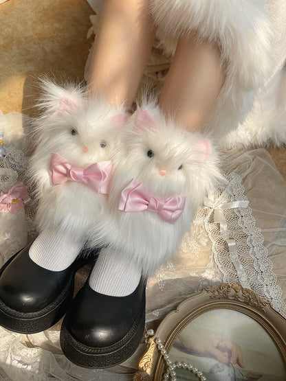 Cute Warmers Bow with Leg Plush Pink Decorations White Kitty