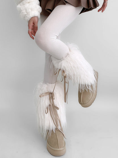 Warmers Ribbon-Tie Leg (White) Fur Faux