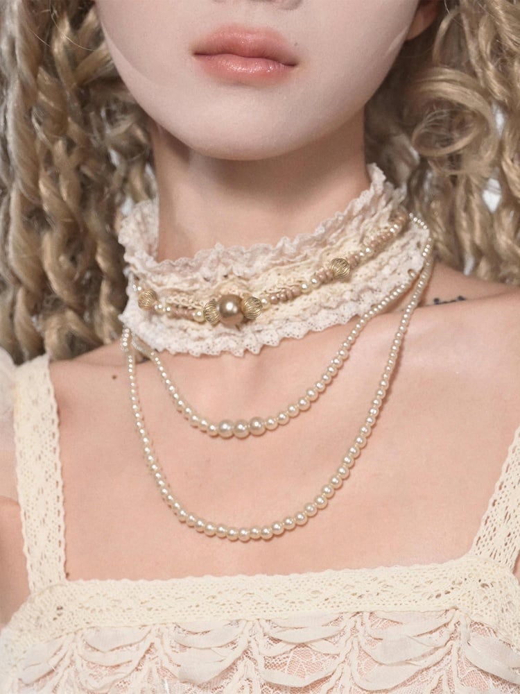 Choker Cream Lace with Bead Detachable Chain