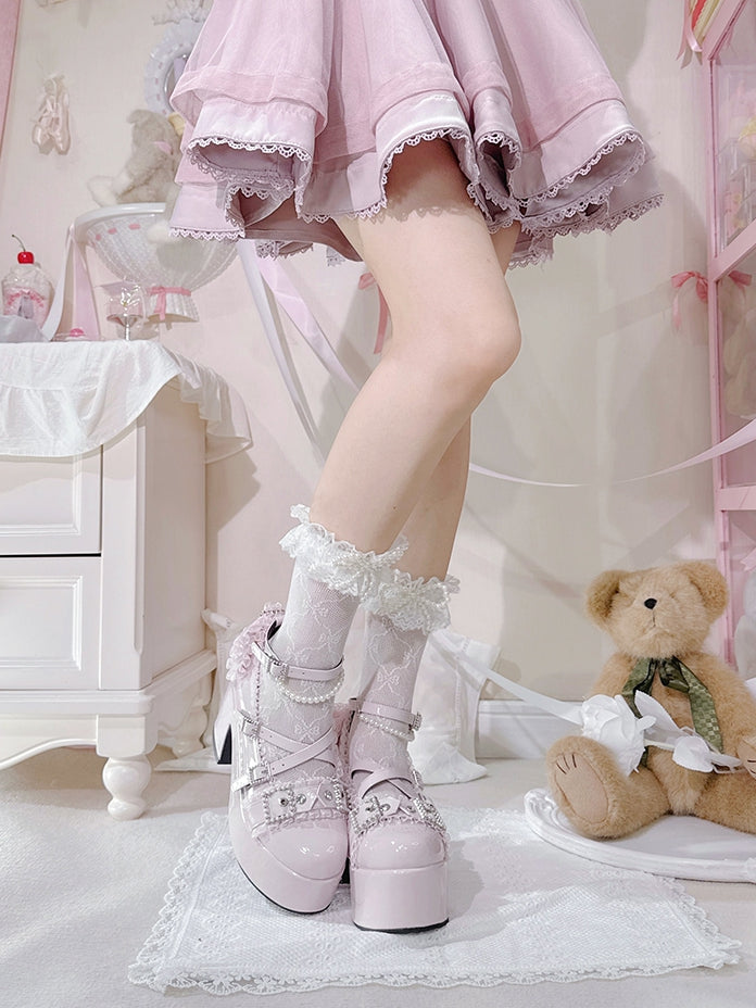 Pink - Beaded Block Platform Kei Polished Jirai Chain Heels High