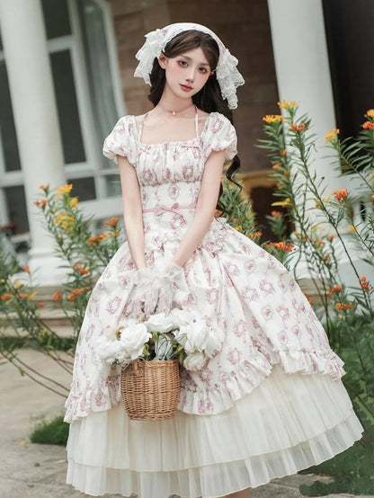 Elastisches langes klassisches Lolita-Kleid mit quadratischem Ausschnitt und Blumenmuster
