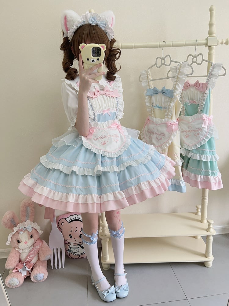 Blue JSK Sweet Bow / Apron Lolita Full Maid Ruffle Set Dress + Heart