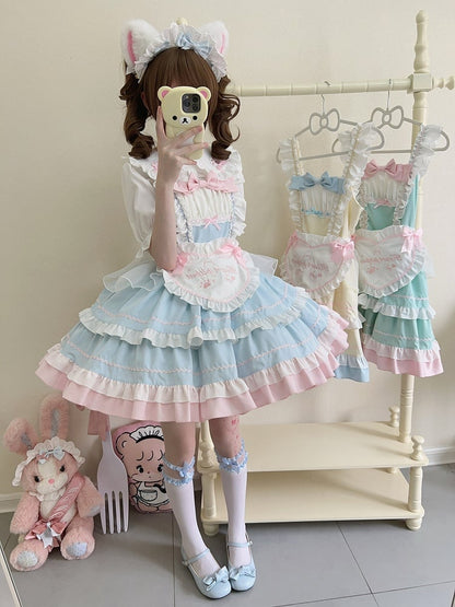 Blue JSK Sweet Bow / Apron Lolita Full Maid Ruffle Set Dress + Heart