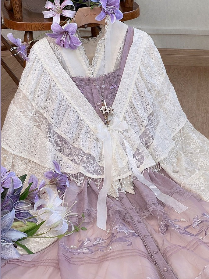 Beige Bow Pearl Tassel Lace Blouse - Tan Tuan