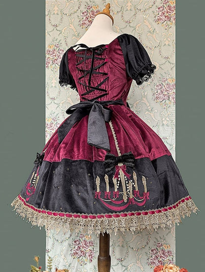 Polka Chandelier Lolita Red Suede Black Dot Sweet and Bows Dress Print with Wine