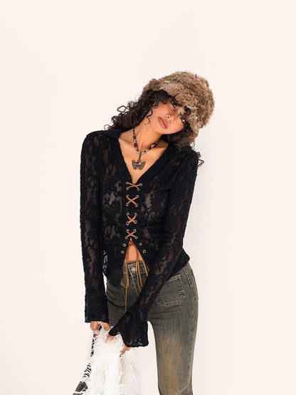 Floral Embroidery  Bell Sleeves Black Flocked Mesh Lace-up Blouse with