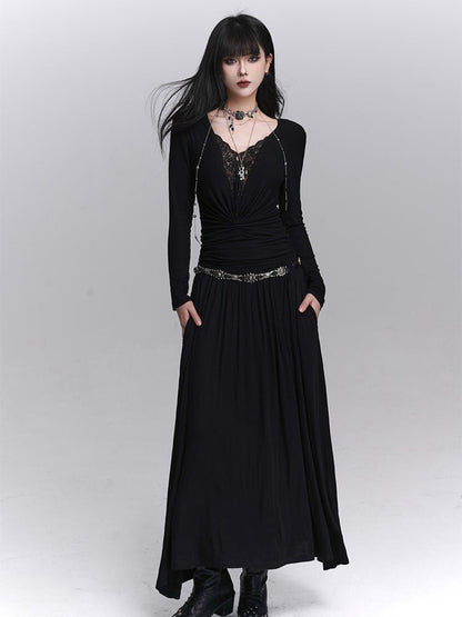 Ruched Detailing V-Neck with Lace Black Shoulders Maxi Gothic Dress Padded