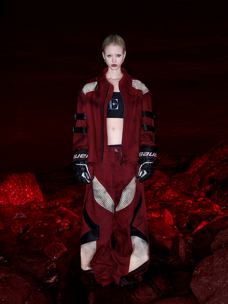with Buckle Strap Jacket Design Distressed Unisex Short Red