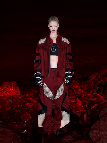 with Buckle Strap Jacket Design Distressed Unisex Short Red