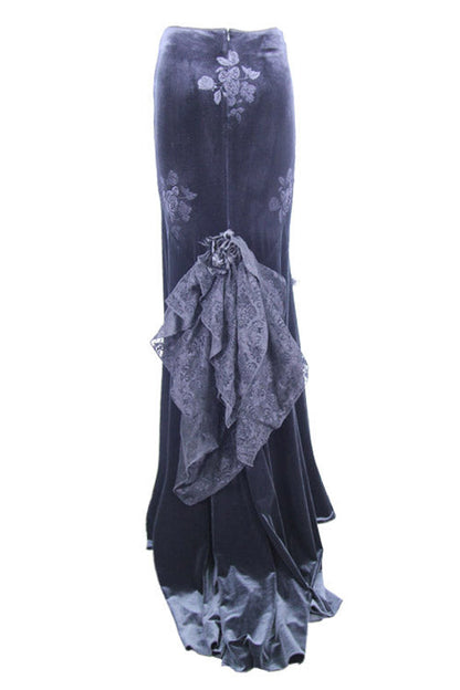 Black Rose Embossed Gothic Velvet Long Fishtail Skirt for Women