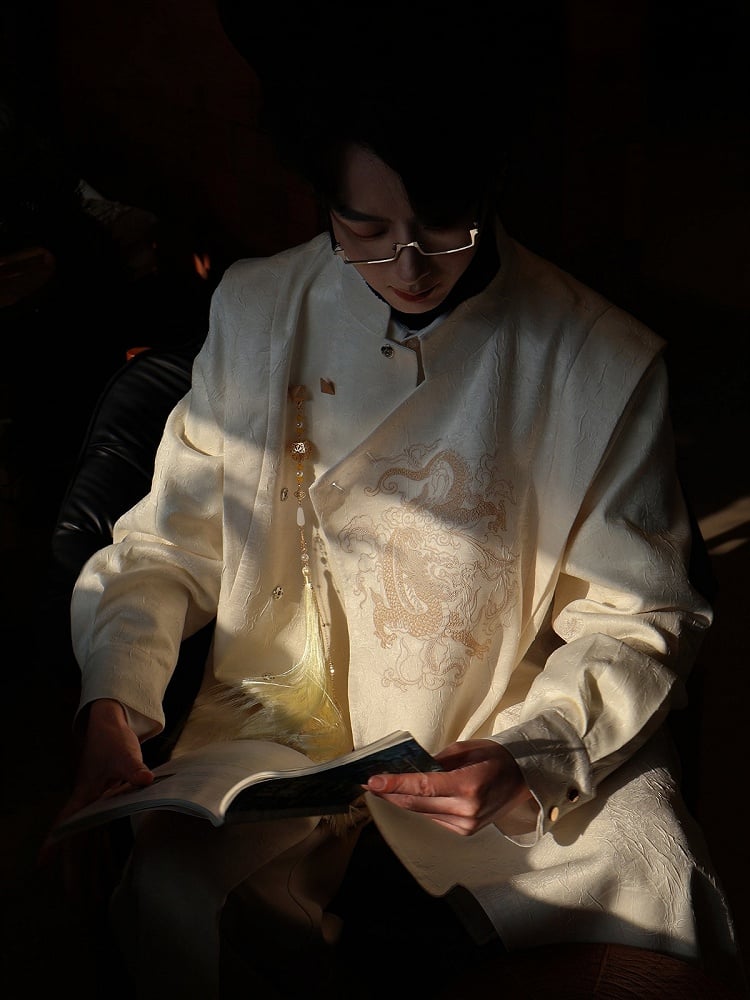 Beige Trench Coat with Dragon Embroidery, Mandarin Collar & Removable Tassel Accent - Feng Hua Gui Guo Ling