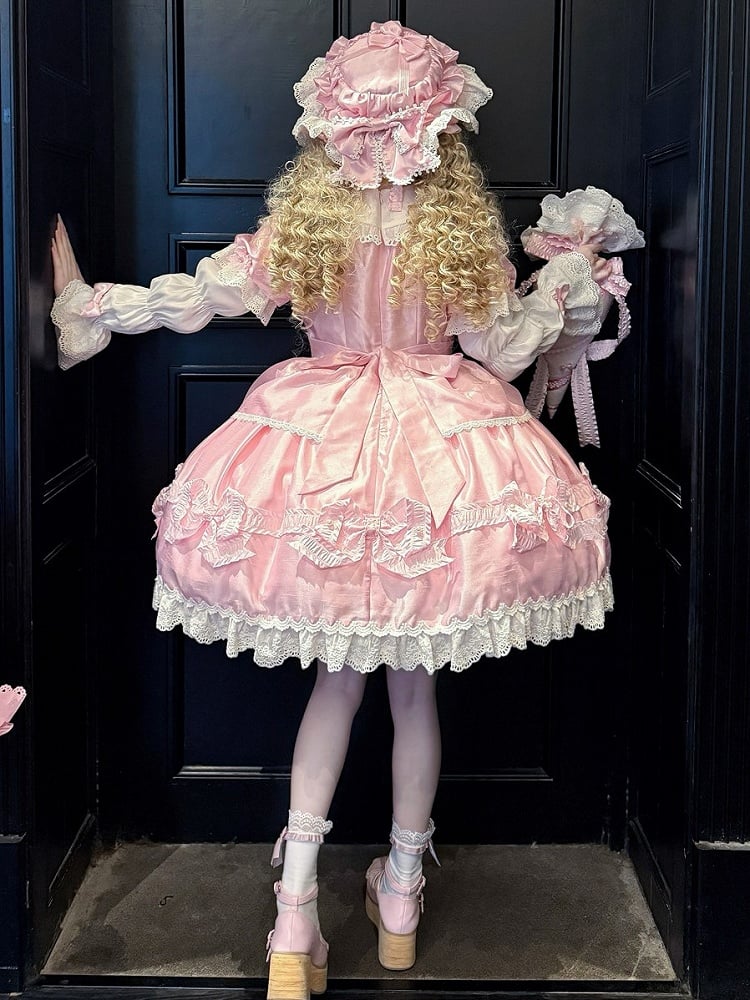 Trimmed Pink White and Bow Sweet Lace Bead Details with Dress Lolita