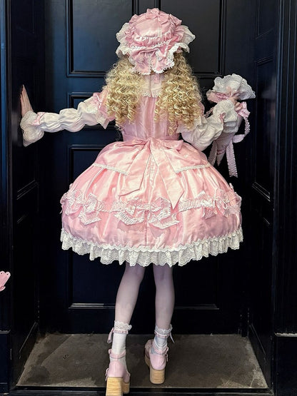 Trimmed Pink White and Bow Sweet Lace Bead Details with Dress Lolita