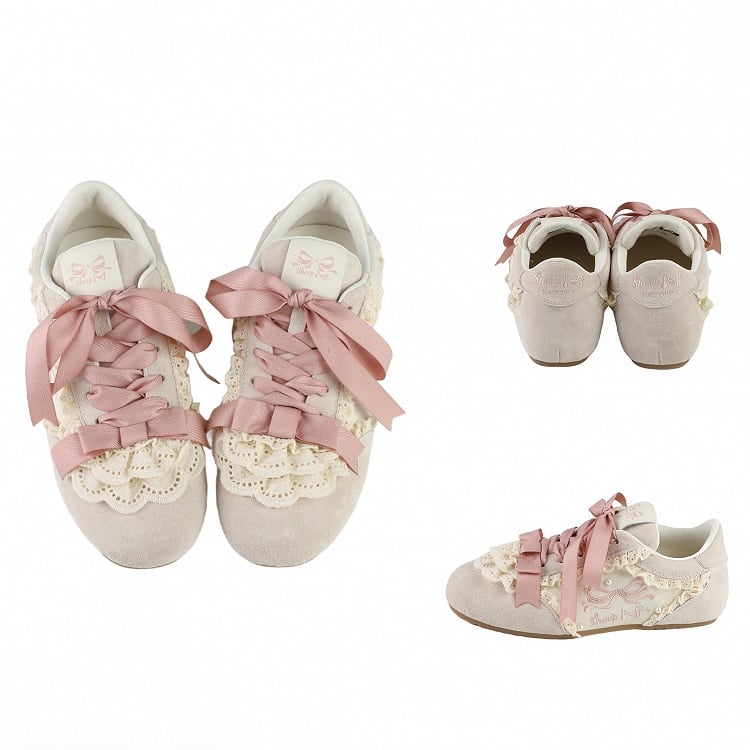 Trim Lolita Front Sneakers Lace-up Balletcore Sweet Pink Lace Ties