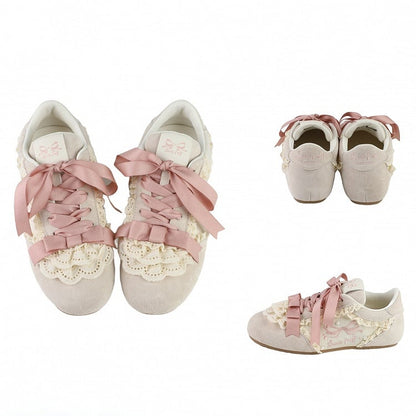 Trim Lolita Front Sneakers Lace-up Balletcore Sweet Pink Lace Ties