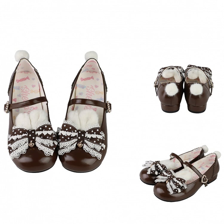 Lolita Bunny Shoes Pom Mary Jane Brown Sweet with Ears Tail