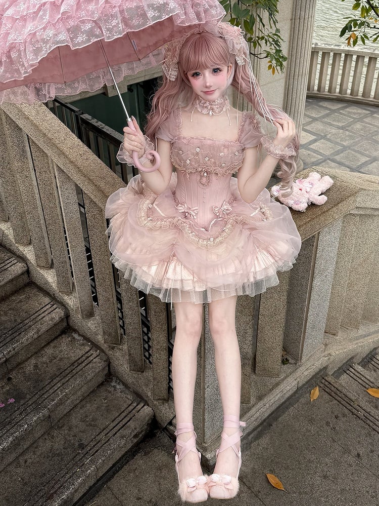 Ärmel Lagen-Outfit Top Korsett Balletcore Rüschen Rosa Stäbchen Puff Prinzessin Lolita + Rock BE006