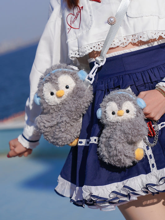 かわいいグレーのバッグ ぬいぐるみサイズ ミドル/ラージ バックパック/クロスボディ ペンギン ライト