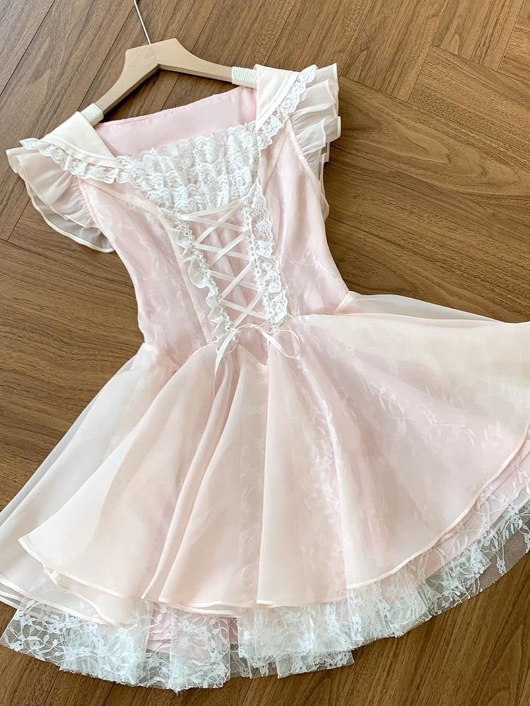 Trim Kleid Flatterärmel Balletcore Rosa Schnürung Taille Spitze