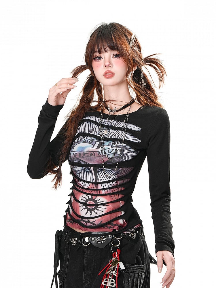 Schwarz/Weißes Rundhals-Top mit Punk-Glamour-Grafik