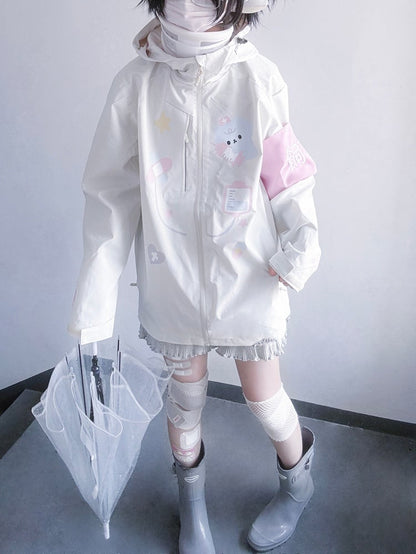 Kawaii Yami Windbreaker Beige Print Jacket Doctor Cat Hood Drawstring with