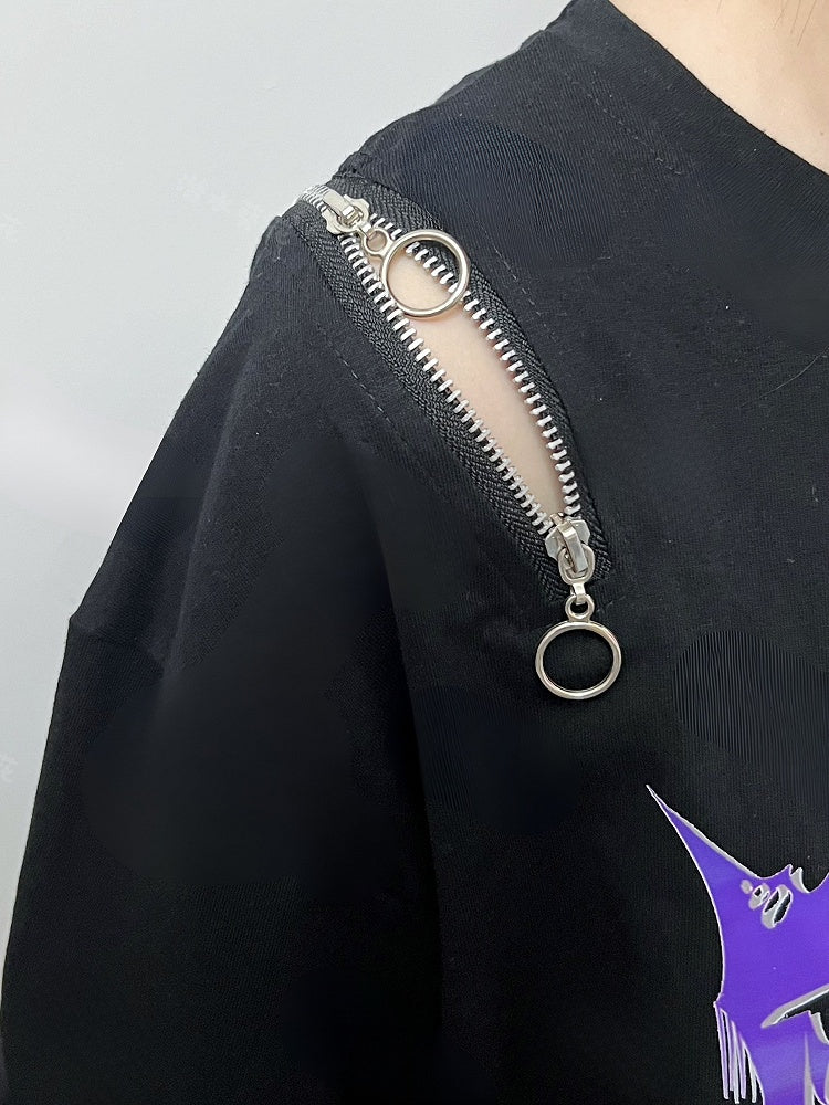 T-Shirt Kei Schwarzer Hals Runder Cartoon Mädchendruck Jirai