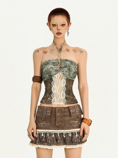 Brown & Green Desert Style Halter Neck Sleeveless Blouse with Lace Pattern